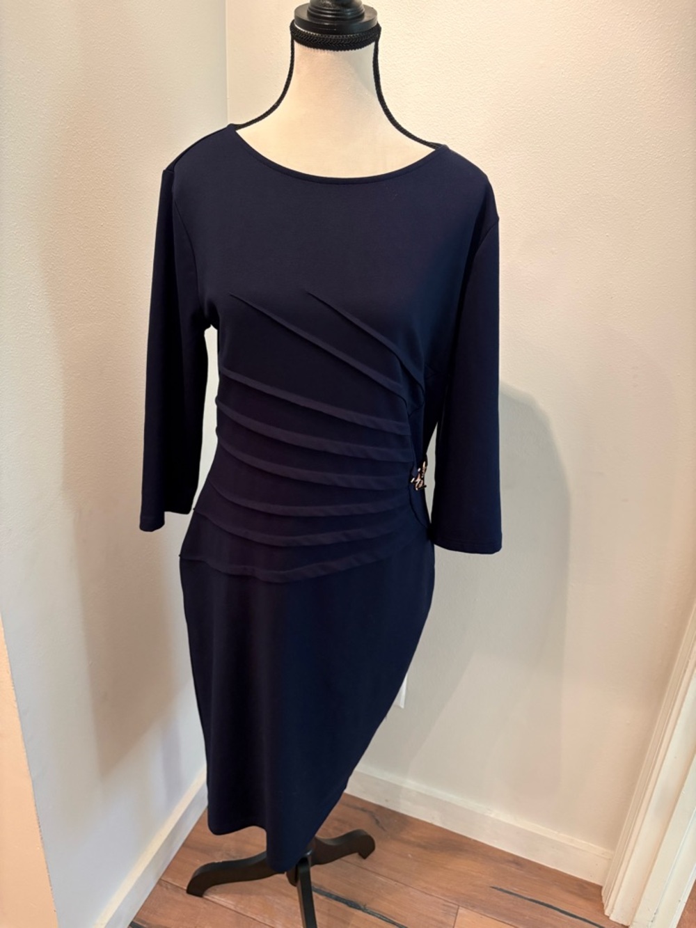 Amazon Navy Long Sleeve Pleated Sheath Dress